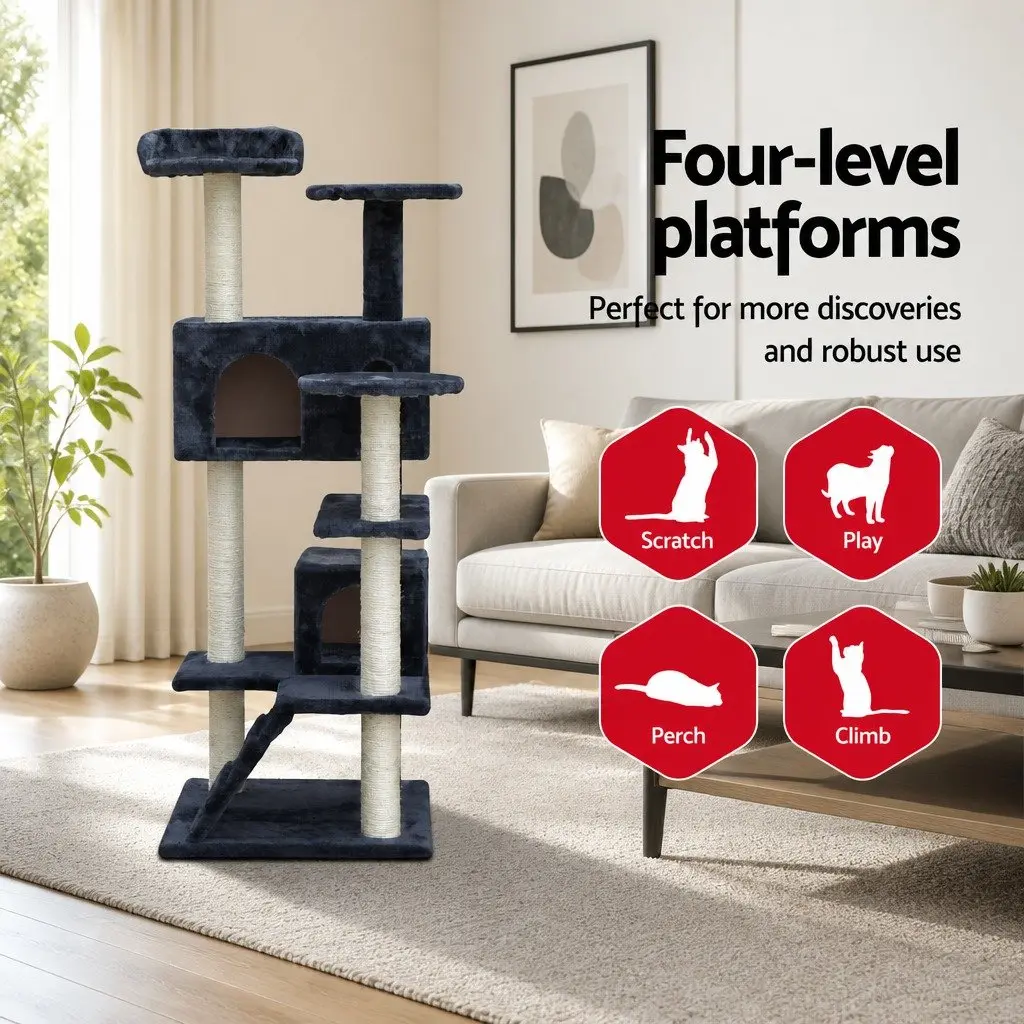 Cat Tree Wooden 134cm Tall Scratching Post Tower with Plush Bed Grey