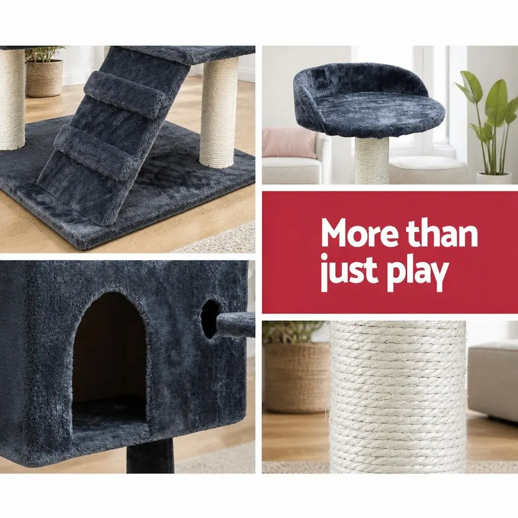 Cat Tree Wooden 134cm Tall Scratching Post Tower with Plush Bed Grey