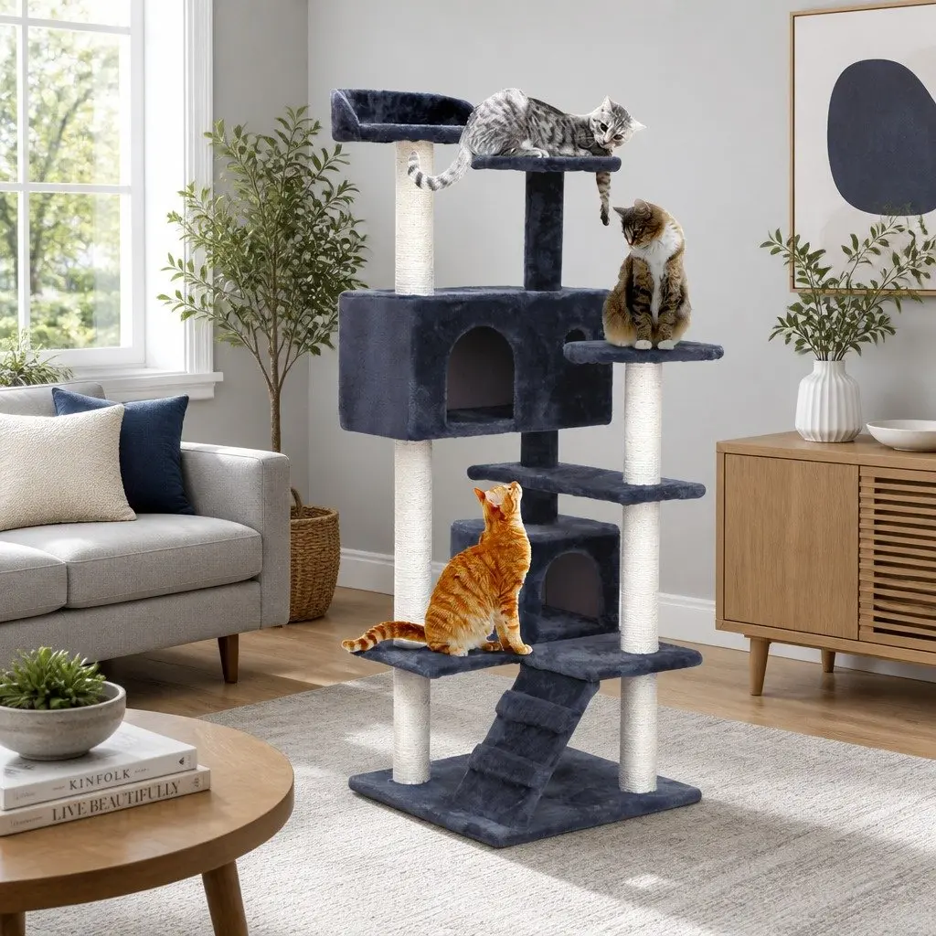 Cat Tree Wooden 134cm Tall Scratching Post Tower with Plush Bed Grey