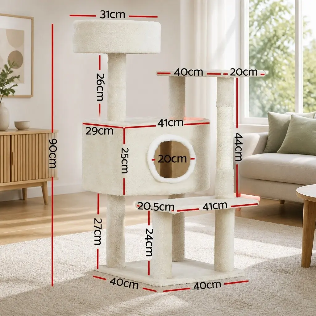 Cat Scratching Post Multi-Level Condo 90cm Beige Plush Velvet Natural Sisal