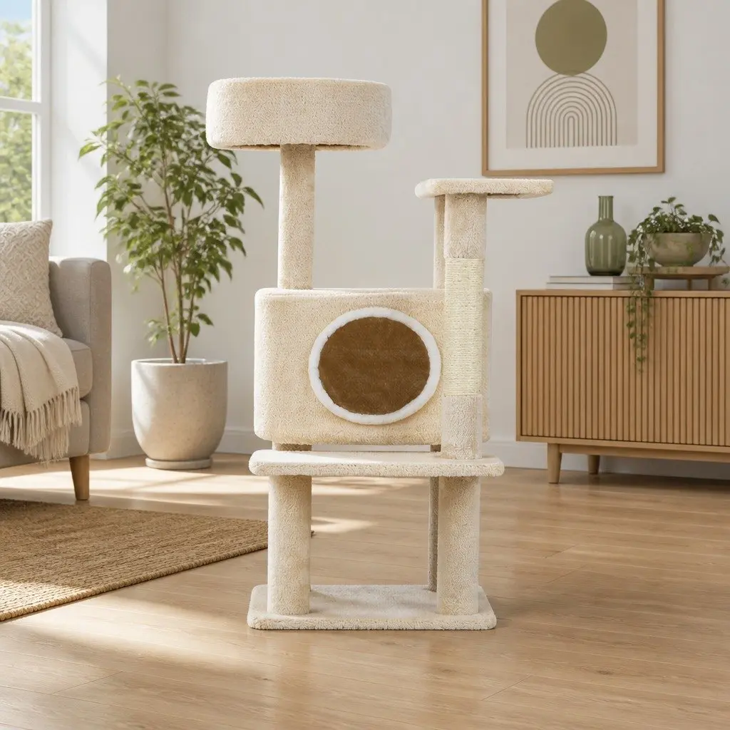 Cat Scratching Post Multi-Level Condo 90cm Beige Plush Velvet Natural Sisal