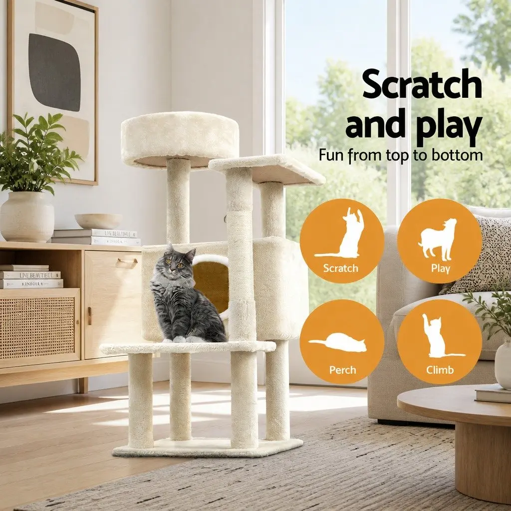 Cat Scratching Post Multi-Level Condo 90cm Beige Plush Velvet Natural Sisal
