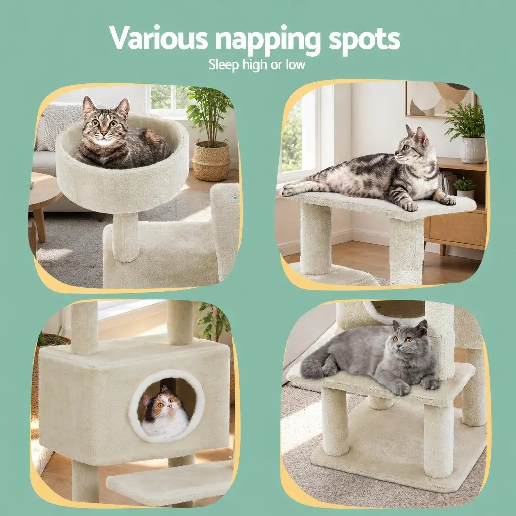 Cat Scratching Post Multi-Level Condo 90cm Beige Plush Velvet Natural Sisal