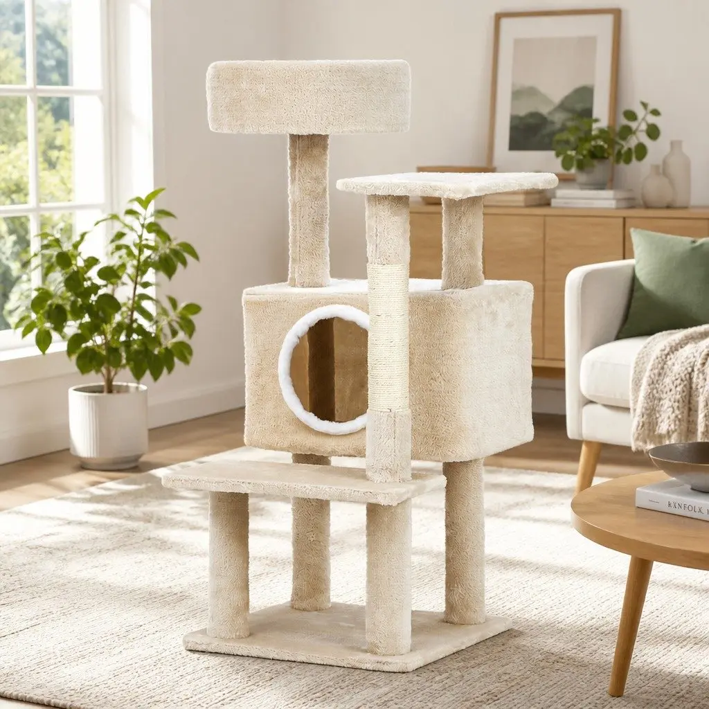 Cat Scratching Post Multi-Level Condo 90cm Beige Plush Velvet Natural Sisal