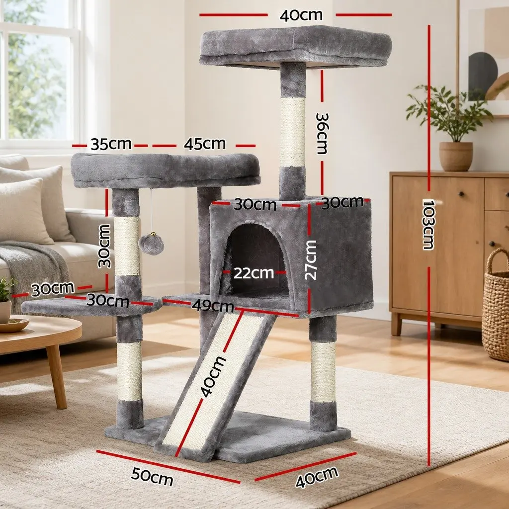 Cat Tree Multi-Level Plush Velvet Scratching Post 103cm Light Grey