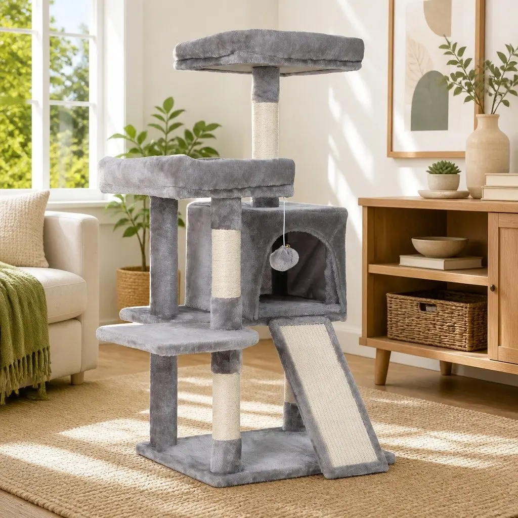 Cat Tree Multi-Level Plush Velvet Scratching Post 103cm Light Grey