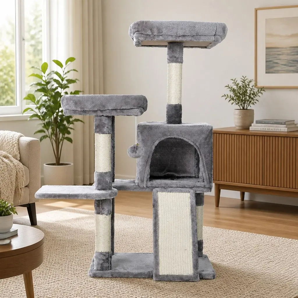 Cat Tree Multi-Level Plush Velvet Scratching Post 103cm Light Grey