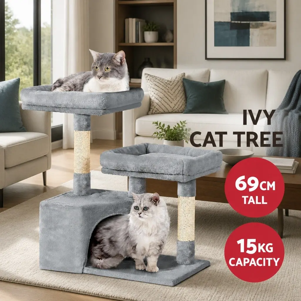 Cat Tree Multi-Level Condo 69cm Grey Wood with Soft Plush Upholstery and Natural Sisal Scratching Posts