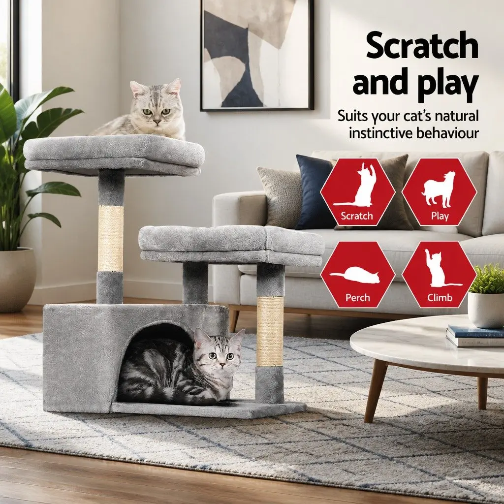 Cat Tree Multi-Level Condo 69cm Grey Wood with Soft Plush Upholstery and Natural Sisal Scratching Posts