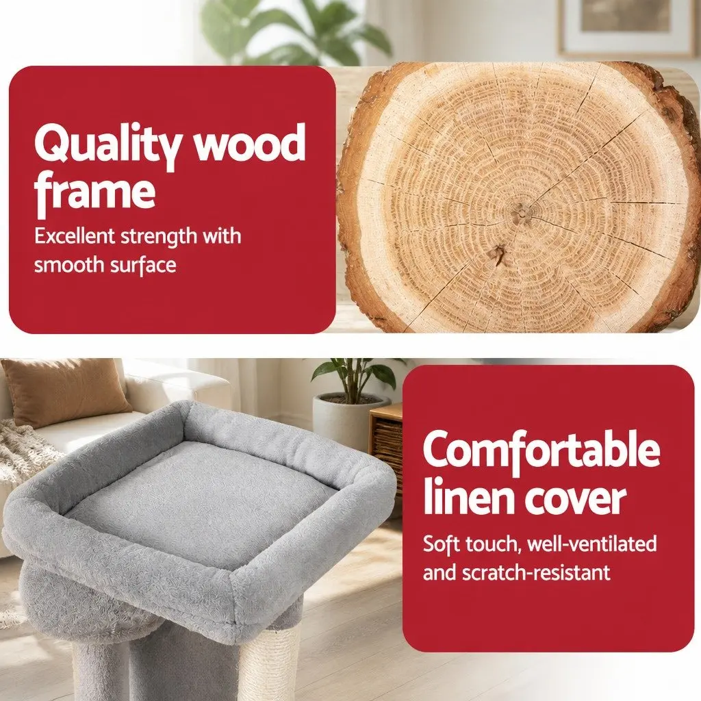 Cat Tree Multi-Level Condo 69cm Grey Wood with Soft Plush Upholstery and Natural Sisal Scratching Posts