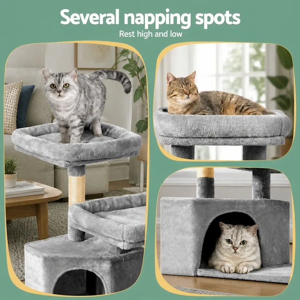 Cat Tree Multi-Level Condo 69cm Grey Wood with Soft Plush Upholstery and Natural Sisal Scratching Posts