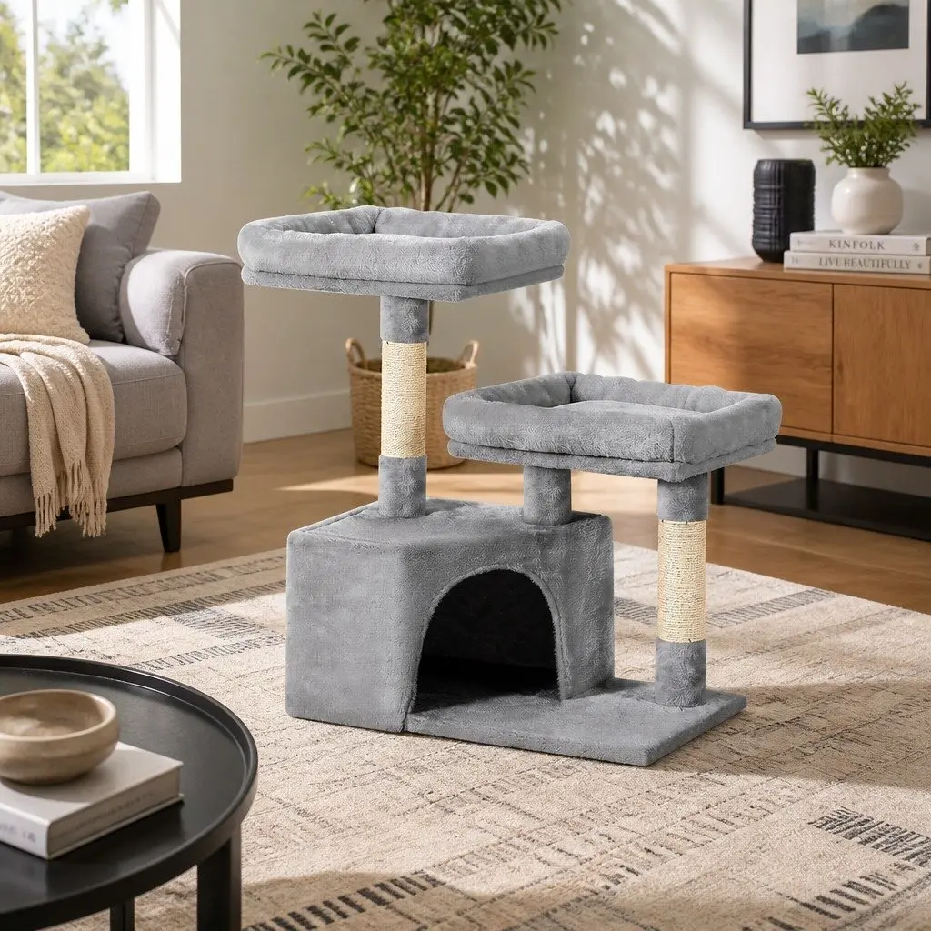 Cat Tree Multi-Level Condo 69cm Grey Wood with Soft Plush Upholstery and Natural Sisal Scratching Posts