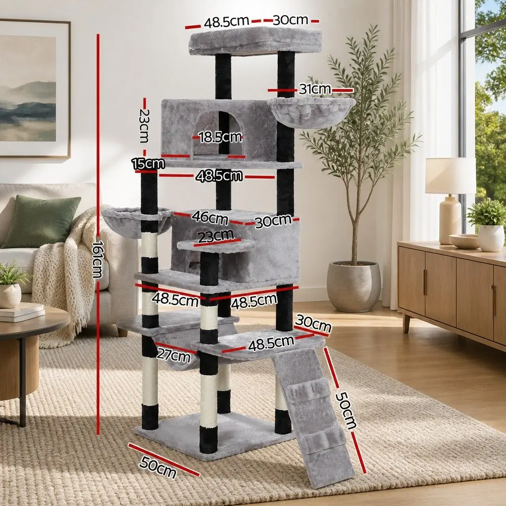 Cat Tree 161cm Tower Scratching Post Condo House Bed Multi-Level Play Grey