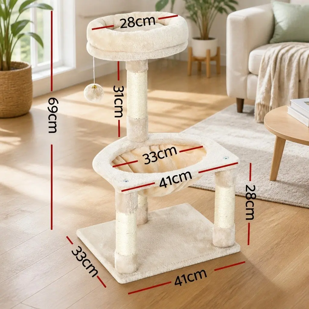 Cat Scratching Post Tree Tower Wooden 69cm Beige Three Level Bed Hammock Activity Ball Toys