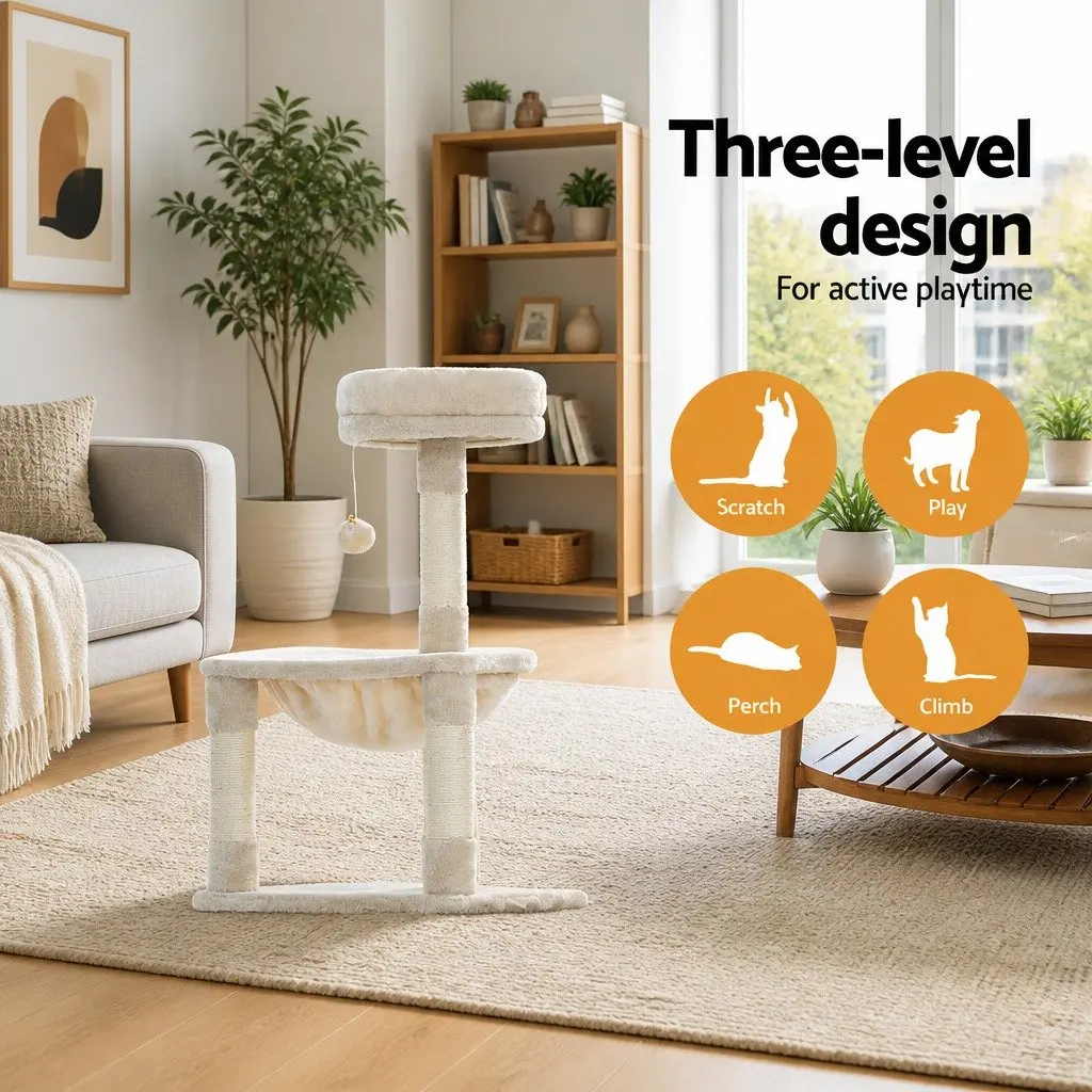 Cat Scratching Post Tree Tower Wooden 69cm Beige Three Level Bed Hammock Activity Ball Toys