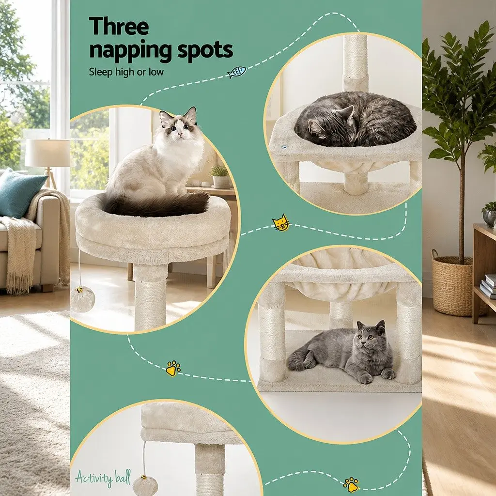 Cat Scratching Post Tree Tower Wooden 69cm Beige Three Level Bed Hammock Activity Ball Toys
