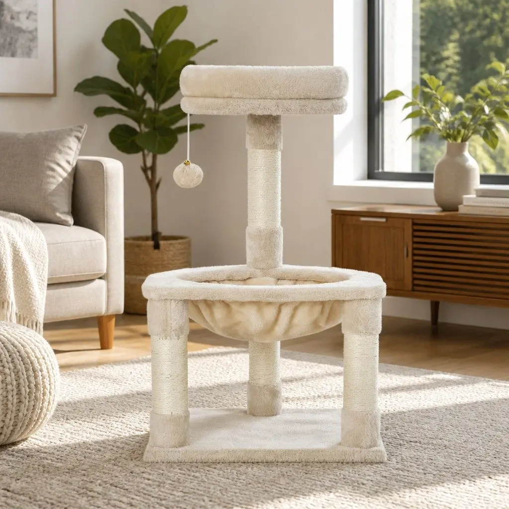 Cat Scratching Post Tree Tower Wooden 69cm Beige Three Level Bed Hammock Activity Ball Toys