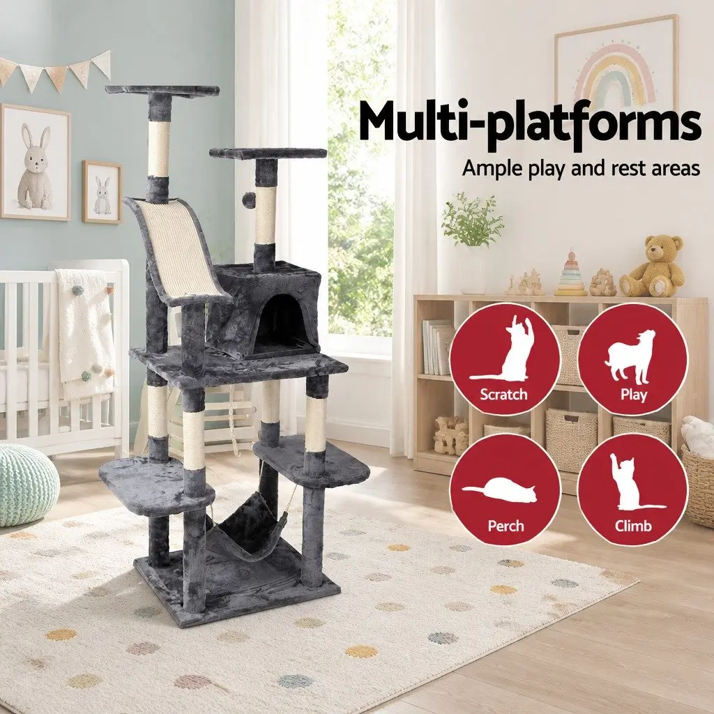 Cat Tree Multi-Level Wooden Frame 171cm Tall Dark Grey Scratching Post with Hammock Bed Cube and Rope Toys