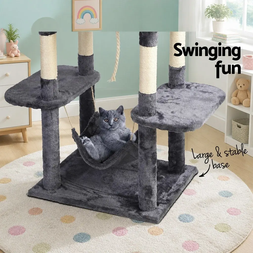 Cat Tree Multi-Level Wooden Frame 171cm Tall Dark Grey Scratching Post with Hammock Bed Cube and Rope Toys