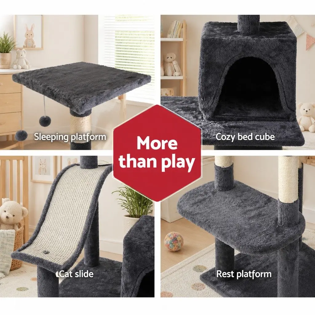 Cat Tree Multi-Level Wooden Frame 171cm Tall Dark Grey Scratching Post with Hammock Bed Cube and Rope Toys