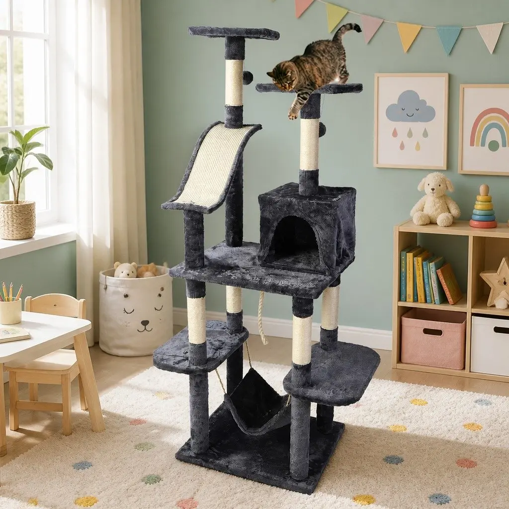 Cat Tree Multi-Level Wooden Frame 171cm Tall Dark Grey Scratching Post with Hammock Bed Cube and Rope Toys