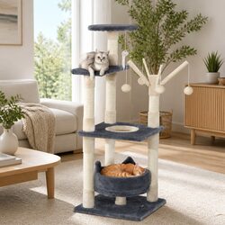 Cat Tree 110cm Tower Scratching Post Condo House with Toys Grey Wood Multi-Level