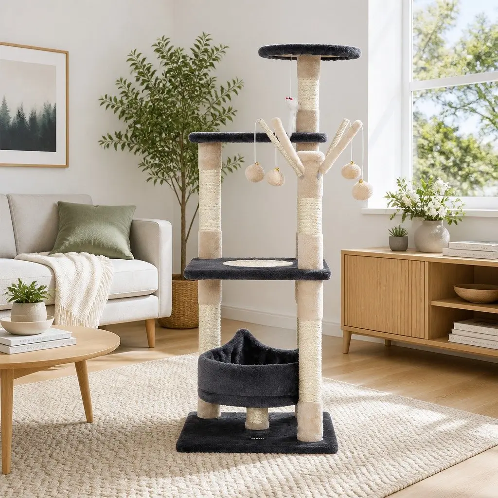 Cat Tree Wooden Multi-Level 110cm Grey Plush Velvet Scratching Post Condo House with Toys