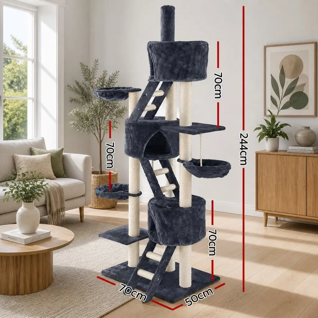 Cat Tree Multi-Level Particleboard Plush Velvet 244cm Tall Grey