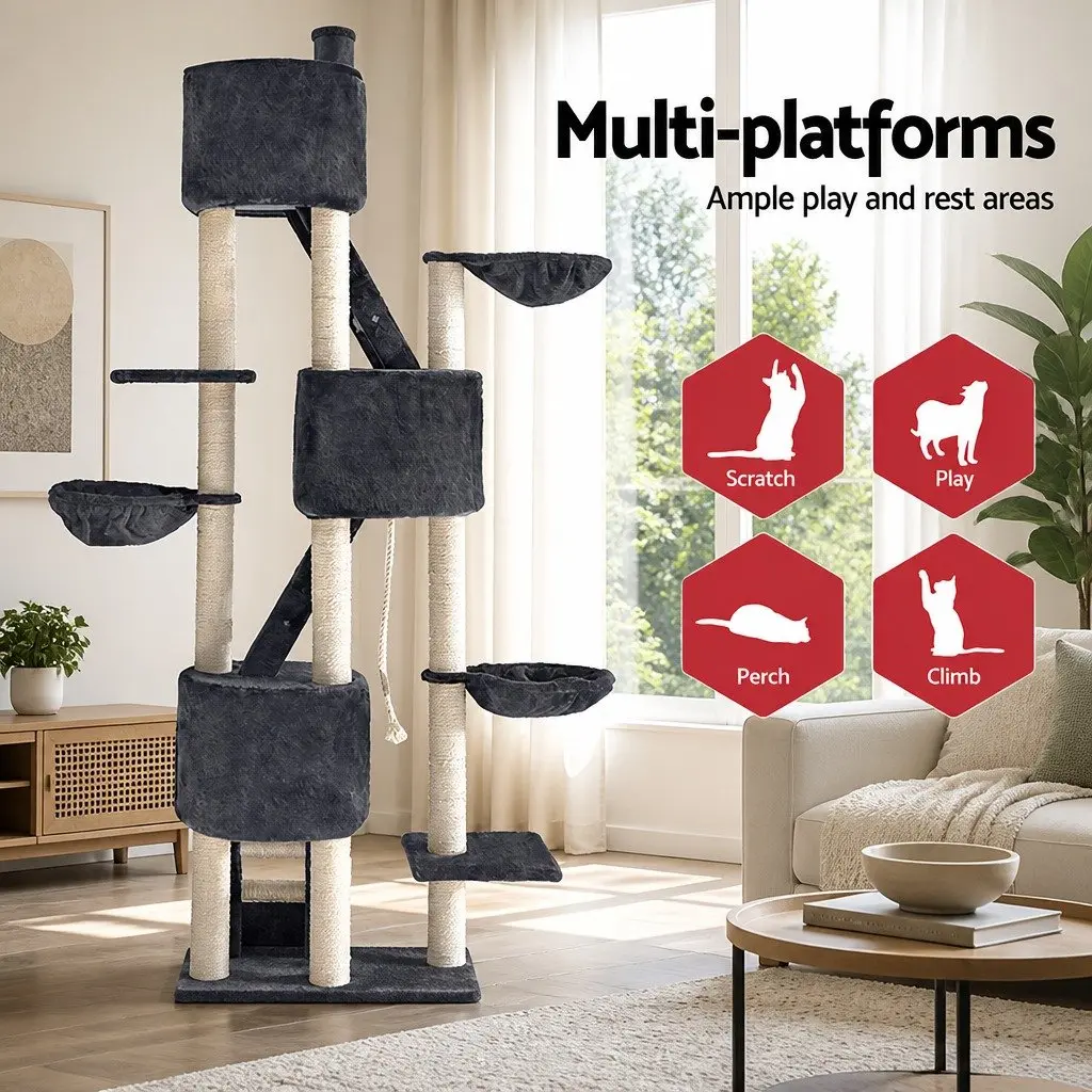 Cat Tree Multi-Level Particleboard Plush Velvet 244cm Tall Grey