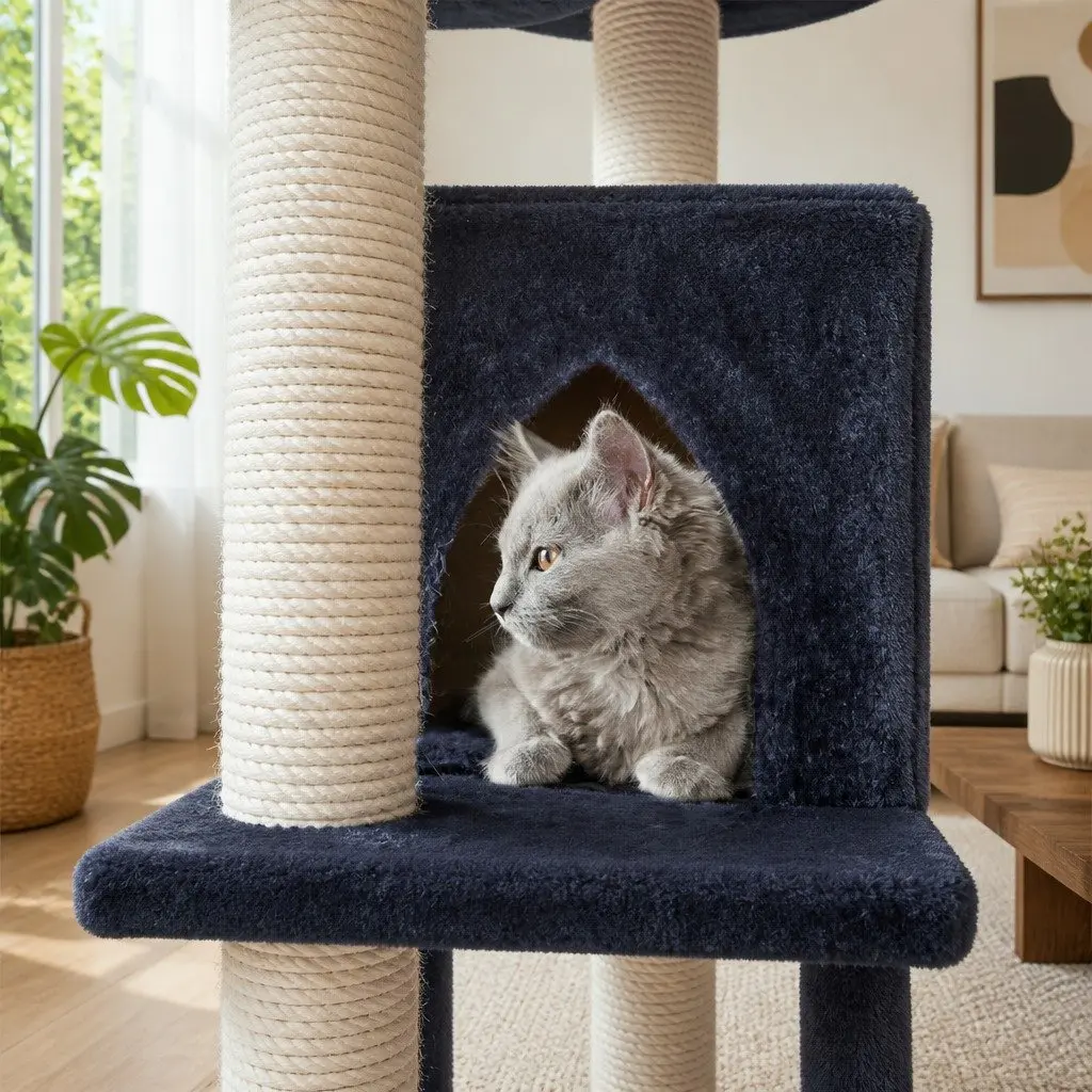 Cat Tree Multi-Level Particleboard Plush Velvet 244cm Tall Grey