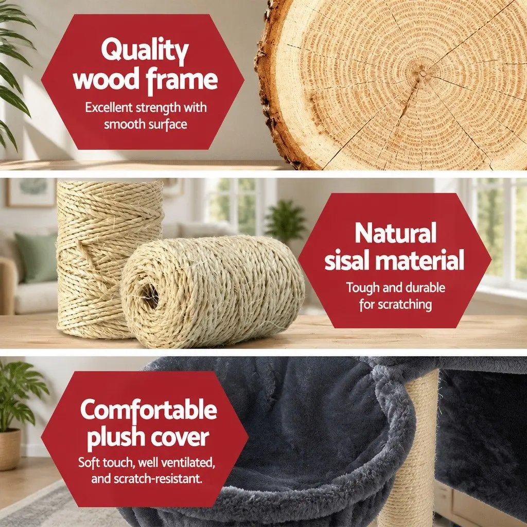 Cat Tree Multi-Level Particleboard Plush Velvet 244cm Tall Grey