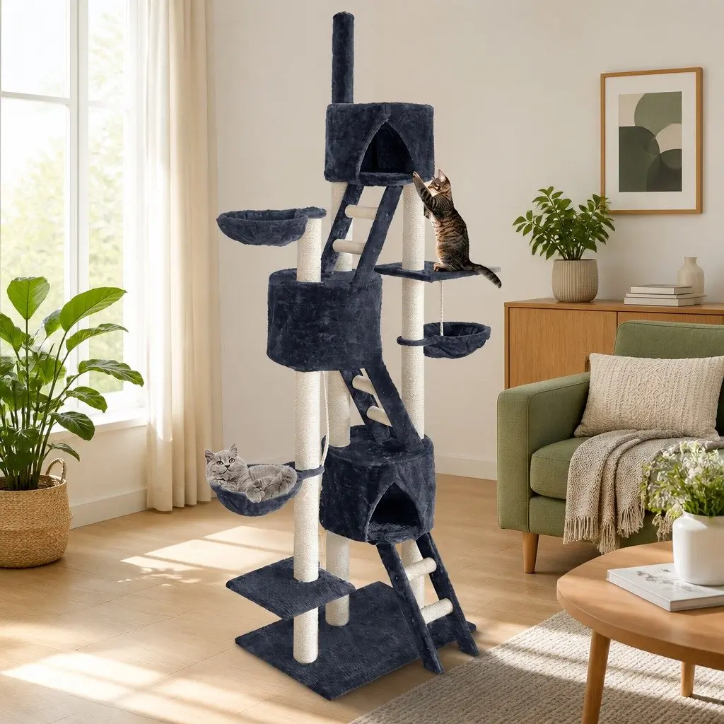 Cat Tree Multi-Level Particleboard Plush Velvet 244cm Tall Grey