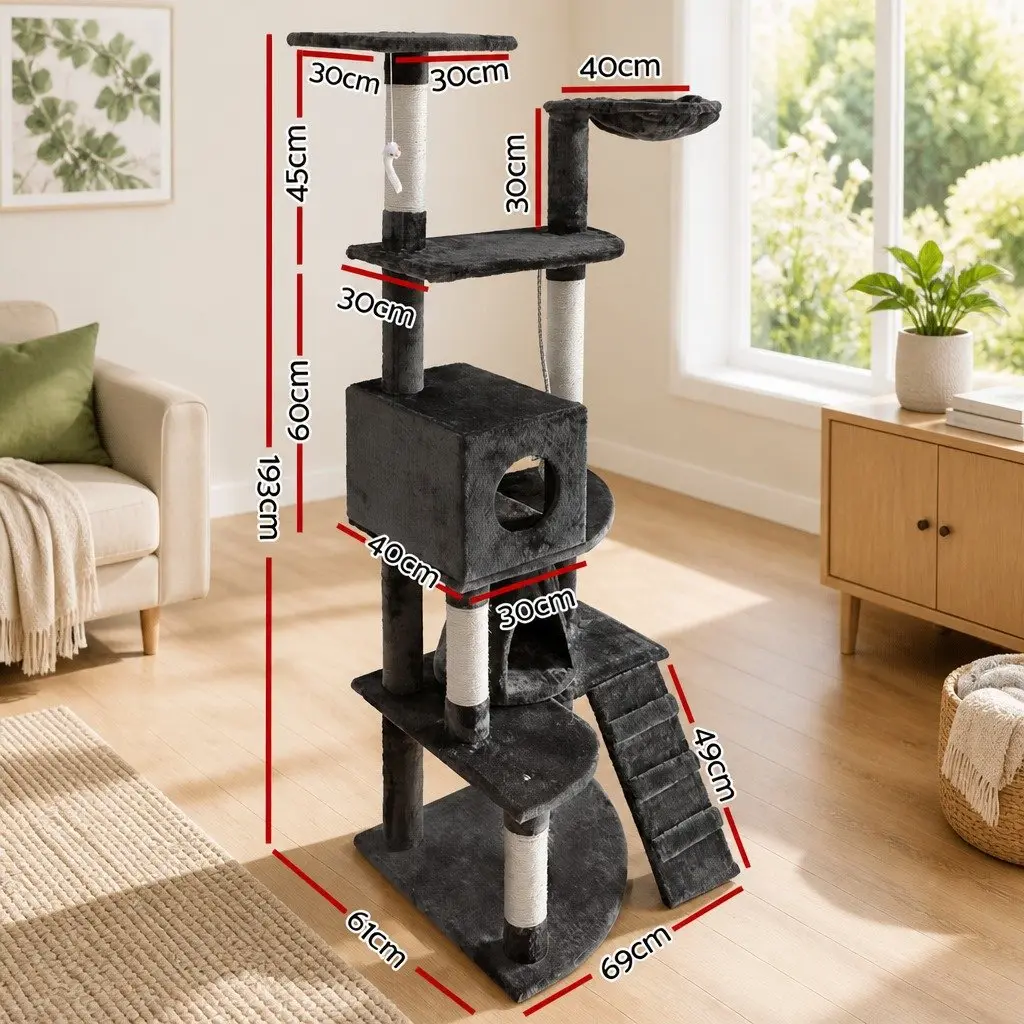 Cat Tree Tower Multi-level Sisal Plush 193cm Grey