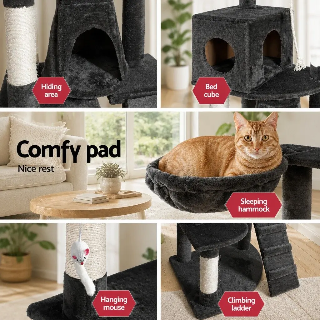 Cat Tree Tower Multi-level Sisal Plush 193cm Grey