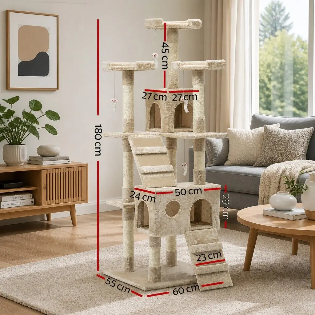 Cat Tree Sisal 180cm Multi-Level Scratching Post Condo House Beige