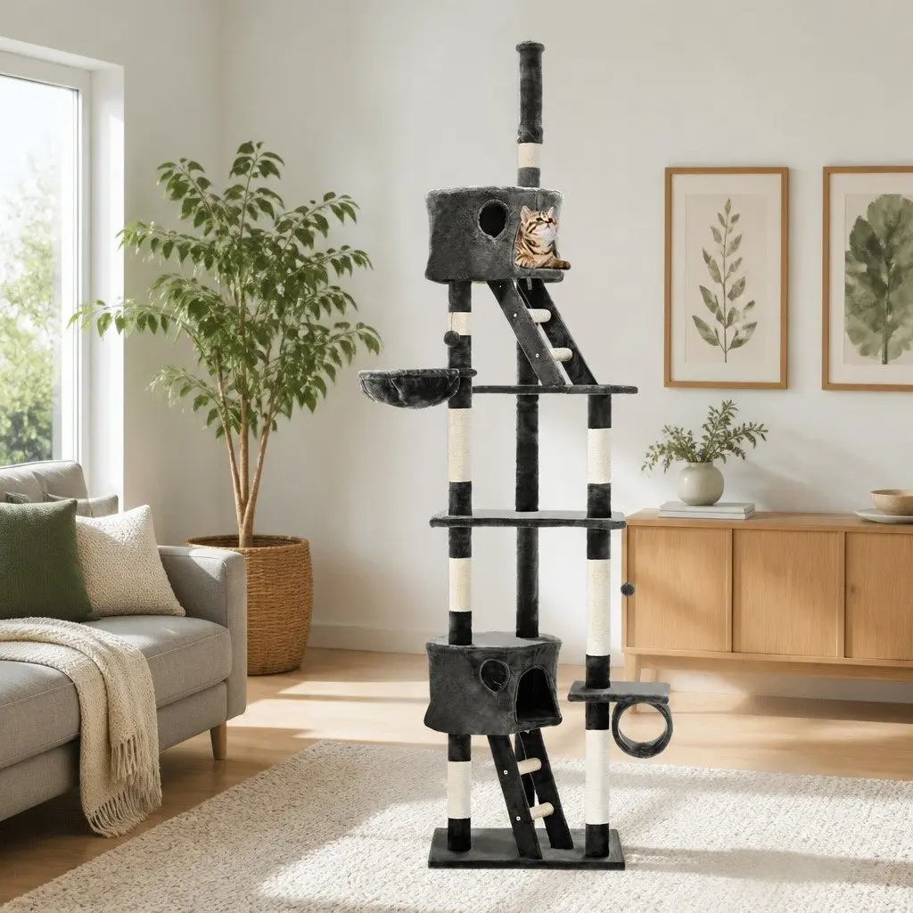 Cat Tree 260cm Tower Scratching Post Condo House Multi-Level Platforms Grey