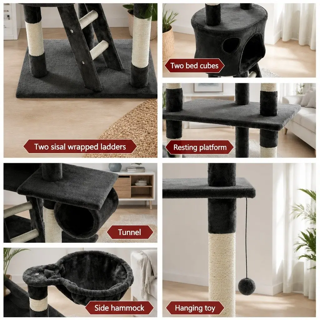 Cat Tree Particleboard Plush Velvet 260cm Grey