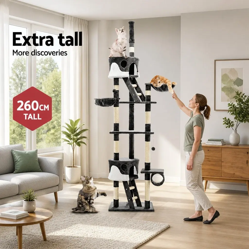 Cat Tree Particleboard Plush Velvet 260cm Grey