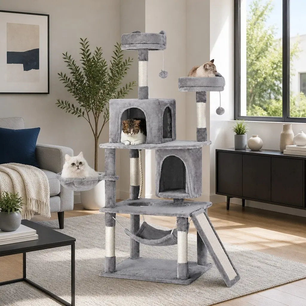 Cat Tree Multi-Level Wooden 161cm Light Grey Scratching Post Condo House