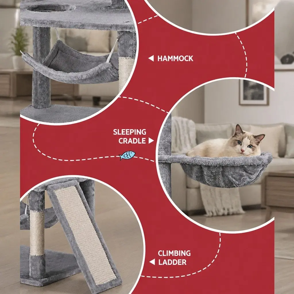 Cat Tree Multi-Level Wooden 161cm Light Grey Scratching Post Condo House