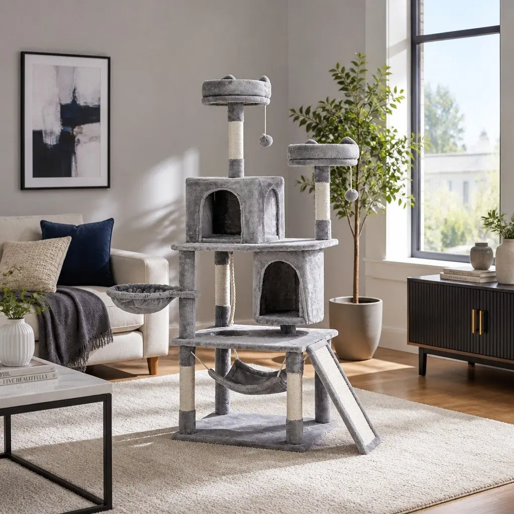 Cat Tree Multi-Level Wooden 161cm Light Grey Scratching Post Condo House