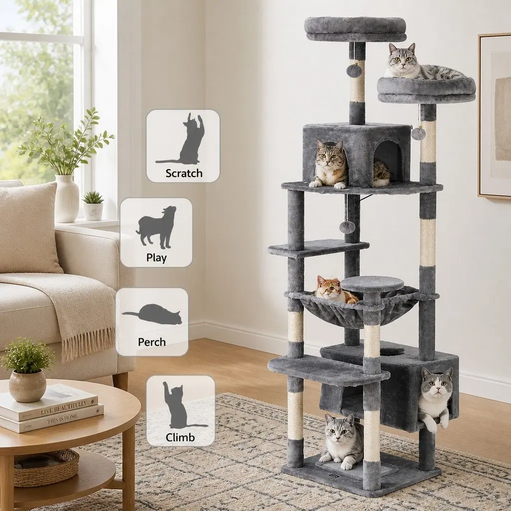 Cat Tree 184cm Tall Scratching Post Tower Climbing Condo House Light Grey