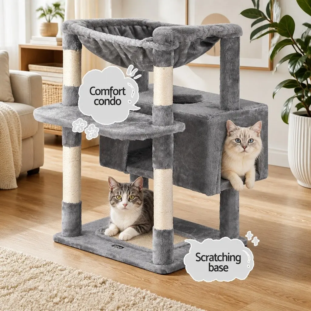 Cat Tree 184cm Tall Scratching Post Tower Climbing Condo House Light Grey