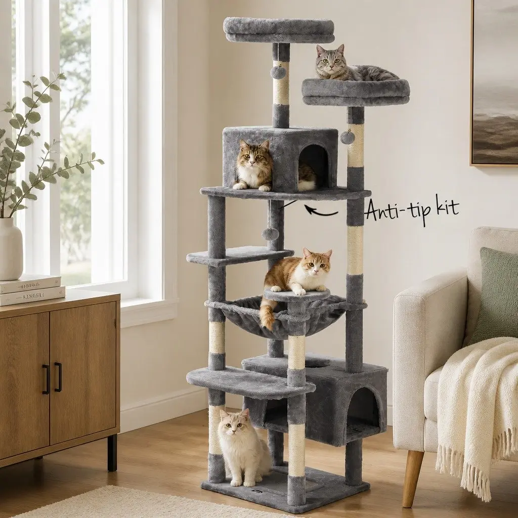 Cat Tree 184cm Tall Scratching Post Tower Climbing Condo House Light Grey