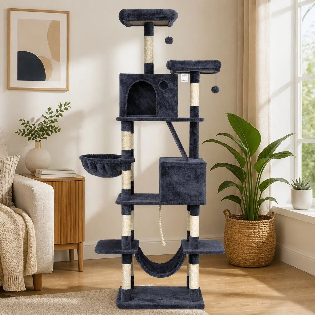 Cat Tree Multi-Level Plush 206cm Grey