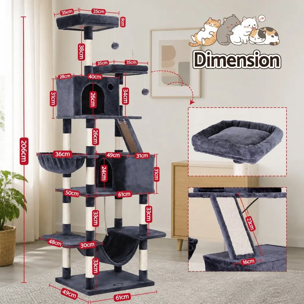 Cat Tree Multi-Level Plush 206cm Grey