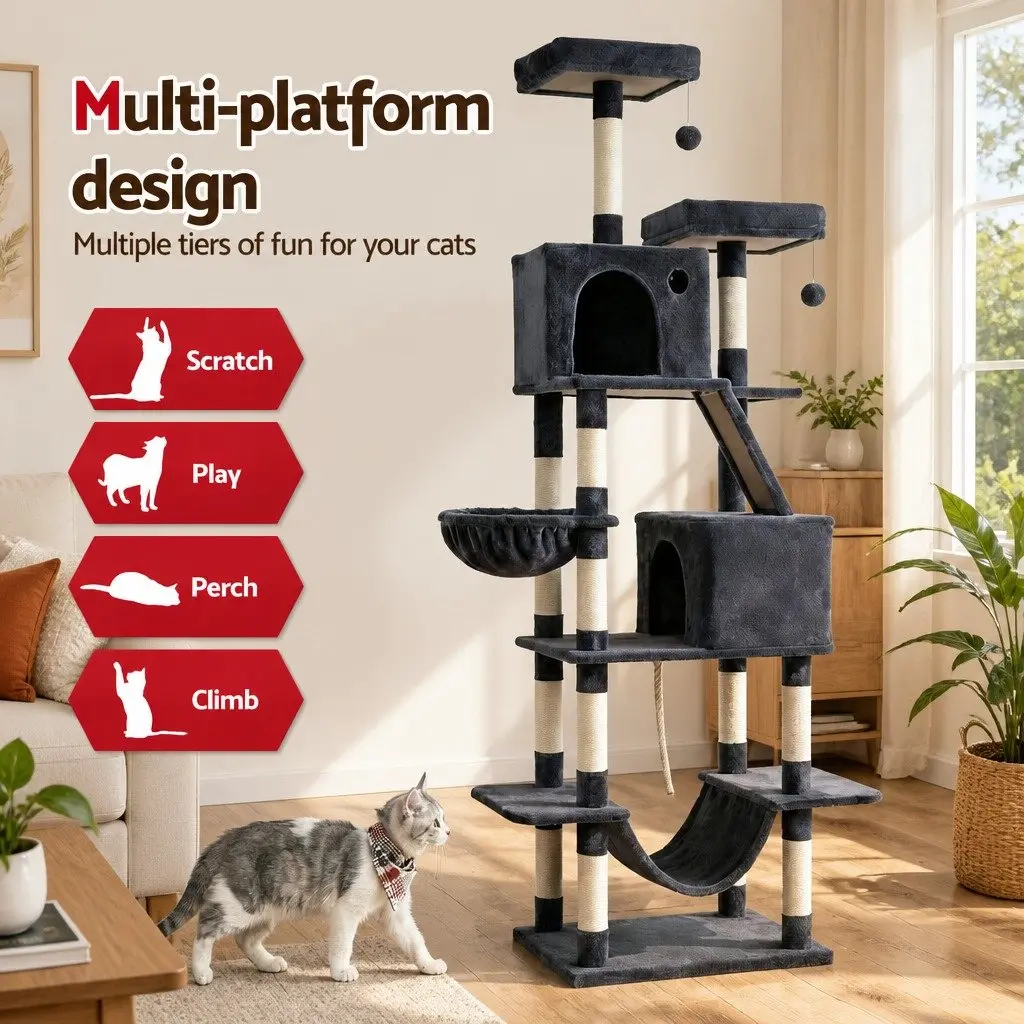 Cat Tree Multi-Level Plush 206cm Grey