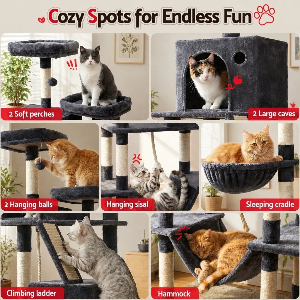 Cat Tree Multi-Level Plush 206cm Grey