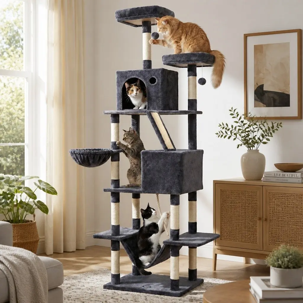 Cat Tree Multi-Level Plush 206cm Grey