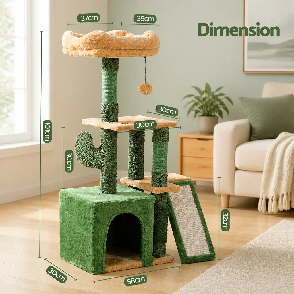 Cat Tree Tower 101cm Scratching Post Multi-Level Platform Furniture Green House
